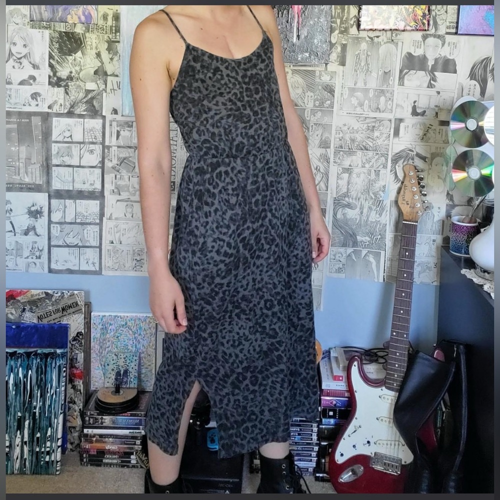 Waist-Defined Leopard-Print Slub-Knit Midi Cami Dress XS Sweatshirt feel